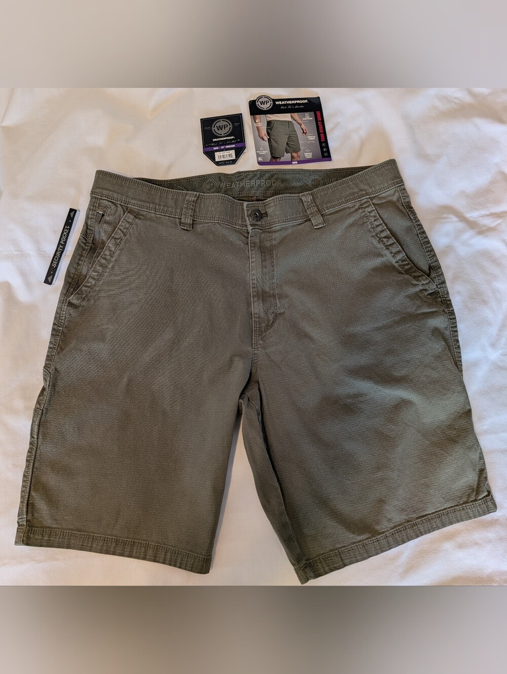 •"Weatherproof" Flat-front Soft Olive Trail Utility Cotton Shorts 36Wx10" Inseam